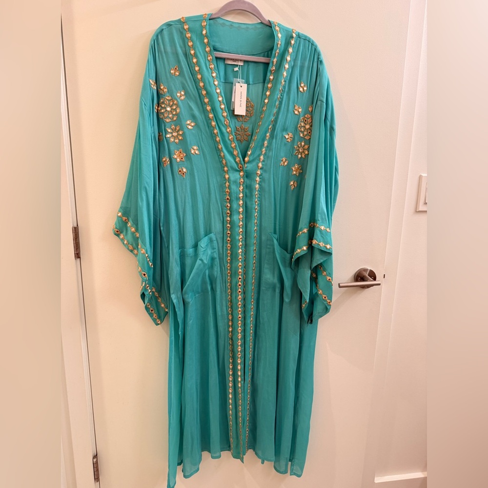 Chic Turquoise Maxi Dress/Kimono with Gold Accents - Picture 7 of 8